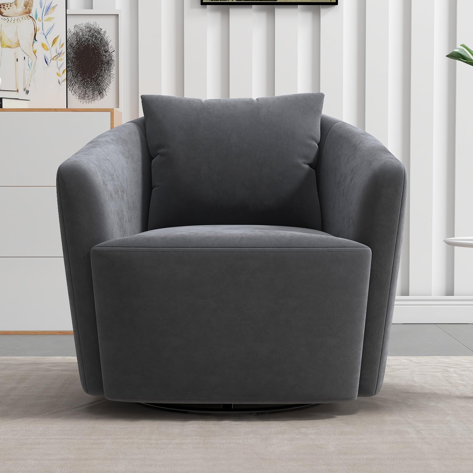 Swivel Velvet Accent Chair Armchair, Modern Round Barrel Chair with Back Pillow, 360°Swivel Single Sofa for Nursery Living Room Bedroom, Grey