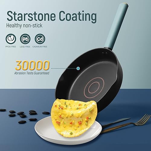 Miniatura 4 de Ollas y sartenes antiadherentes, juego de 8 piezas de utensilios de cocina azul glaciar con tapas, juego de cocina con borde de tapa de silicona a