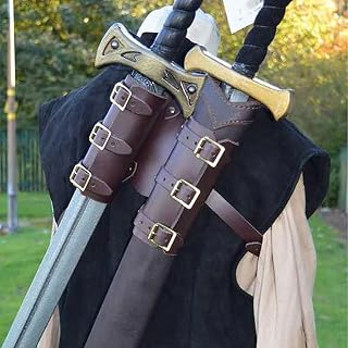Sword Holder Belt, Medieval Retro Double Scabbard Shoulder Sword Holder Sheath, Adjustable Knight Back Rapier Strap Holster, Weapon Case,Brown