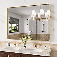 Vista 13 de Espejo de baño negro de 20x30 pulgadas con marco de metal negro, espejo de tocador rectangular redondeado con acabado mate para pared, con vidrio