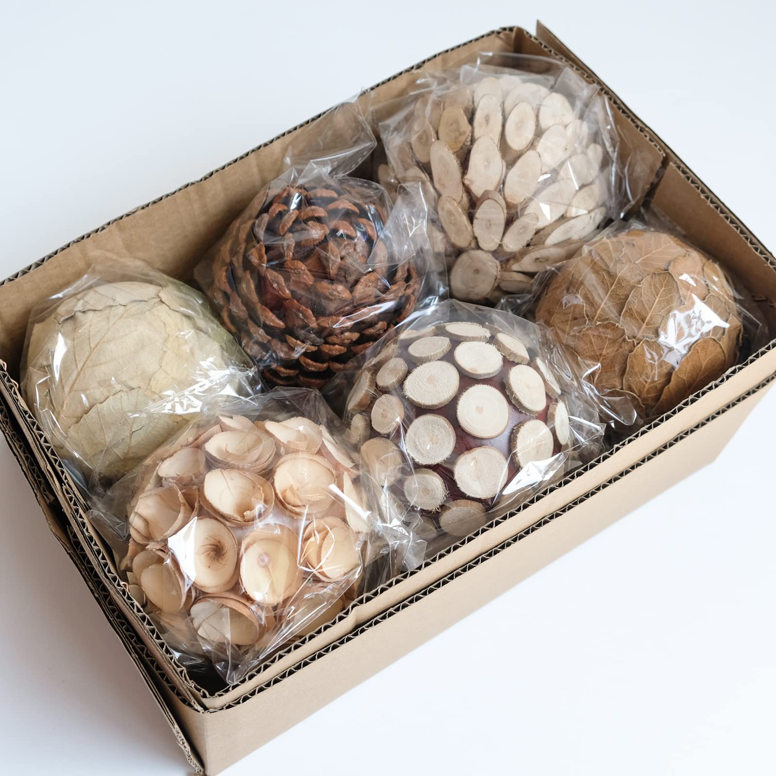 CIR OASES Bolas de relleno decorativas para centro de mesa, 6 bolas de relleno de cuenco y jarrón de tono natural de 3.5 pulgadas para decoración del hogar, rellenos de cestas de masa