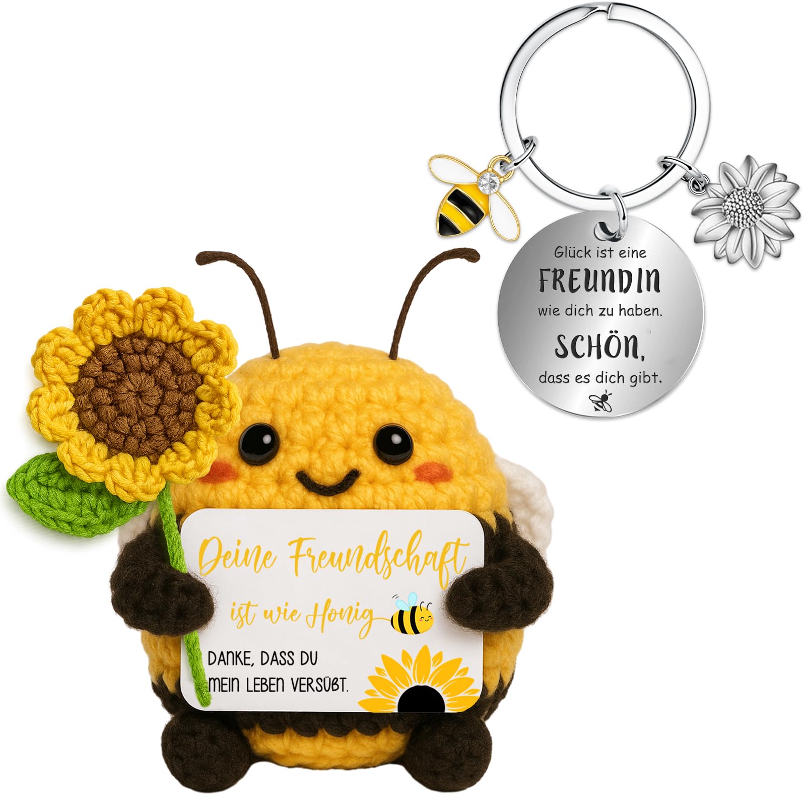 Farbeele Geschenke für Frauen & Männer, Handgehäkelte Sonnenblumen-Biene mit Glücksbringer Schlüsselanhänger, MutmacherGeschenk, Geburtstagsgeschenk für Freunde, Familie, Kollegen, Partner, Mama, Papa