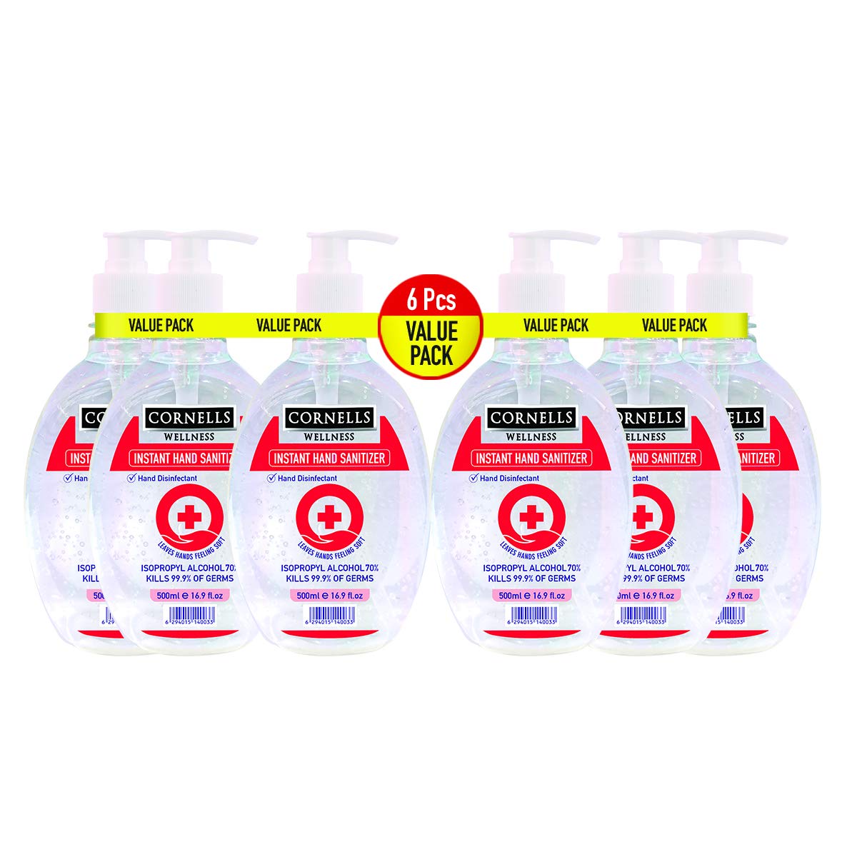 Cornells Wellness Instant Hand Sanitizer Gel, 500ml Pack of 6, 70% Isopropyl Alcohol