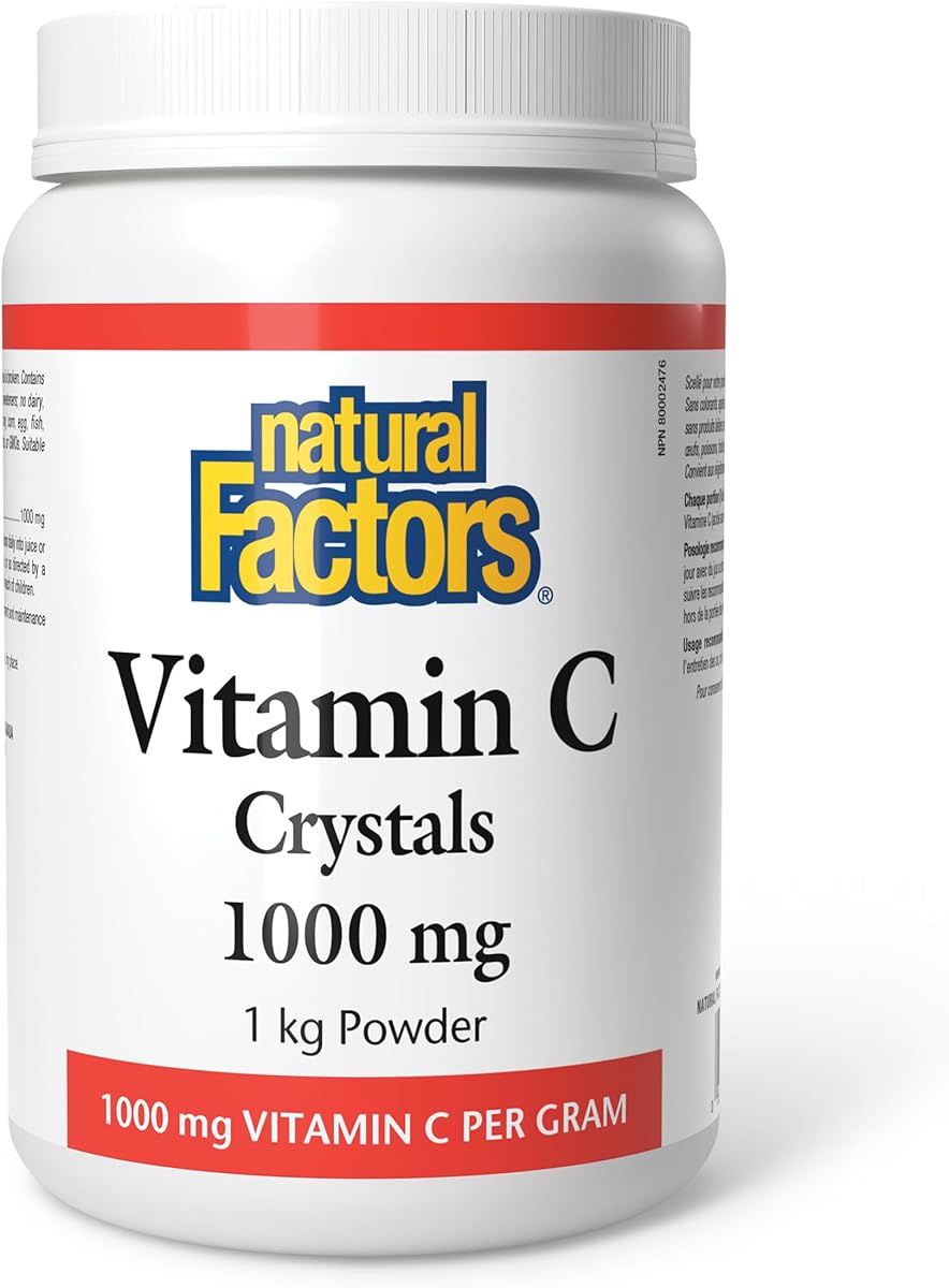 Natural Factors Vitamin C Crystals 1000 mg, 1 kg Powder, Easy to Use, Development of Bones, Cartilage, Teeth & Gums, Vegan, Non-GMO, Gluten-Free, Proudly Canadian
