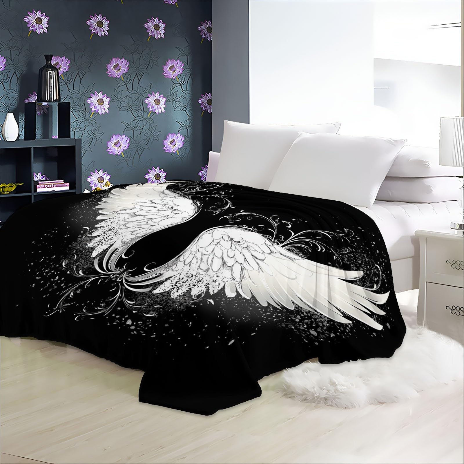 Dekoracyjny biały koc flanelowy z wełny, 180 x 220 cm Koc na łóżko, ciepły i miękki flanelowy, gruby flanelowy koc na sofę, odpowiedni na wszystkie pory roku, czarny