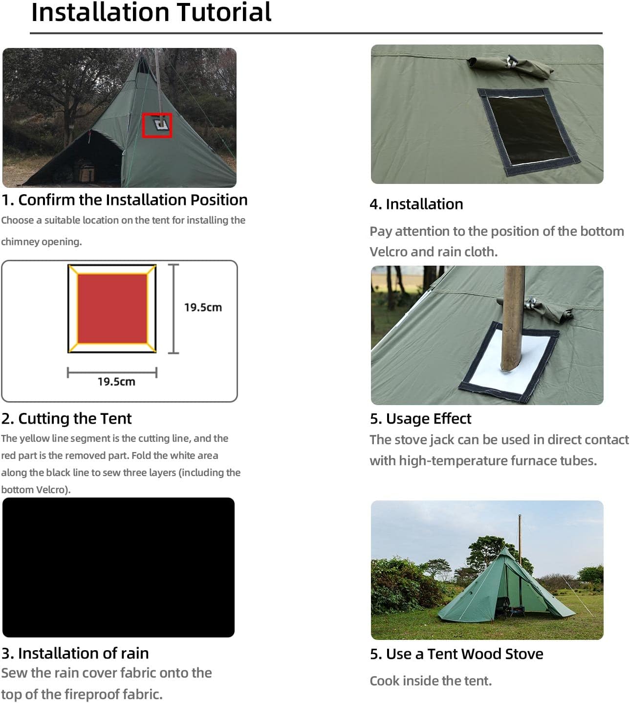 Stove Jack Kit for Tent, Stove Jack with Rain Flap, 2.7"/3.9" /DIY Fire Resistant Hole, High Temperature Resistance for Canvas Tent, Bell Tent Camping