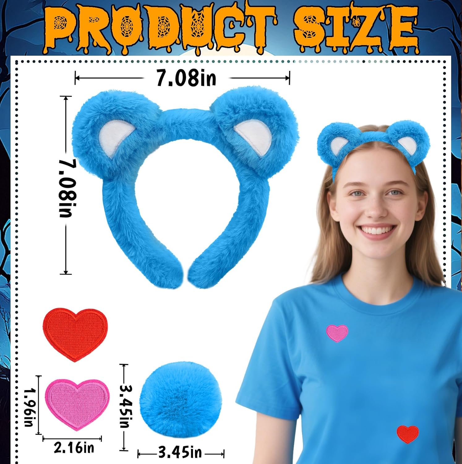 Bear Ears Headband, Tail & Heart Patch - Cartoon Bear Costume Accessories Set for Women & Adults, Halloween Animal Cosplay - Image 2