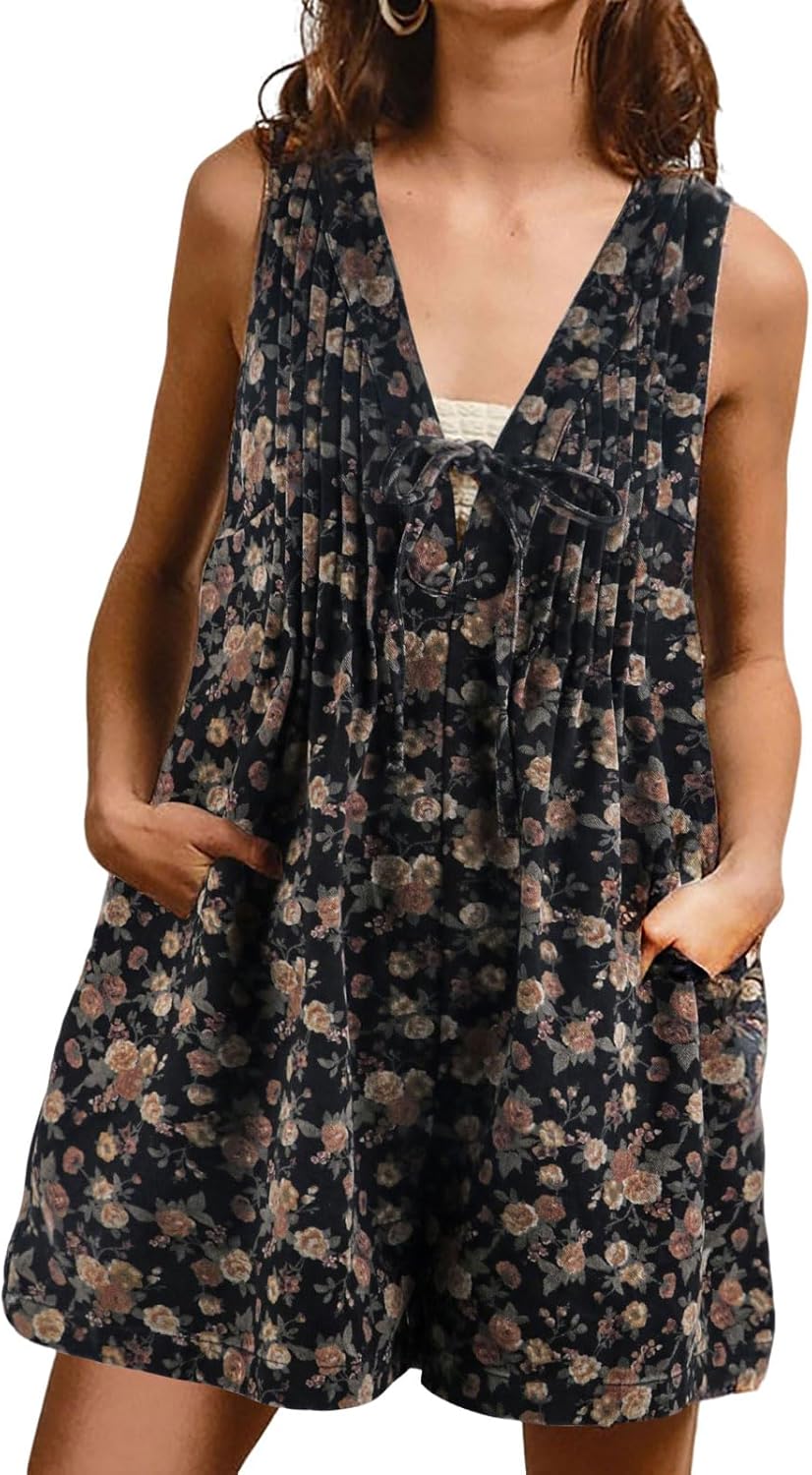 loveimgs Women Sleeveless Floral Print Denim Romper Shorts Ruffle Jean Overall Dress Front Tie Flowy Jumpsuit Summer 2025