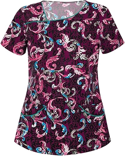 Miniatura 2 de Ropa quirúrgica para mujer 2023 lindo estampado cruzado cuello en V manga corta camisetas con bolsillos uniformes de lactancia