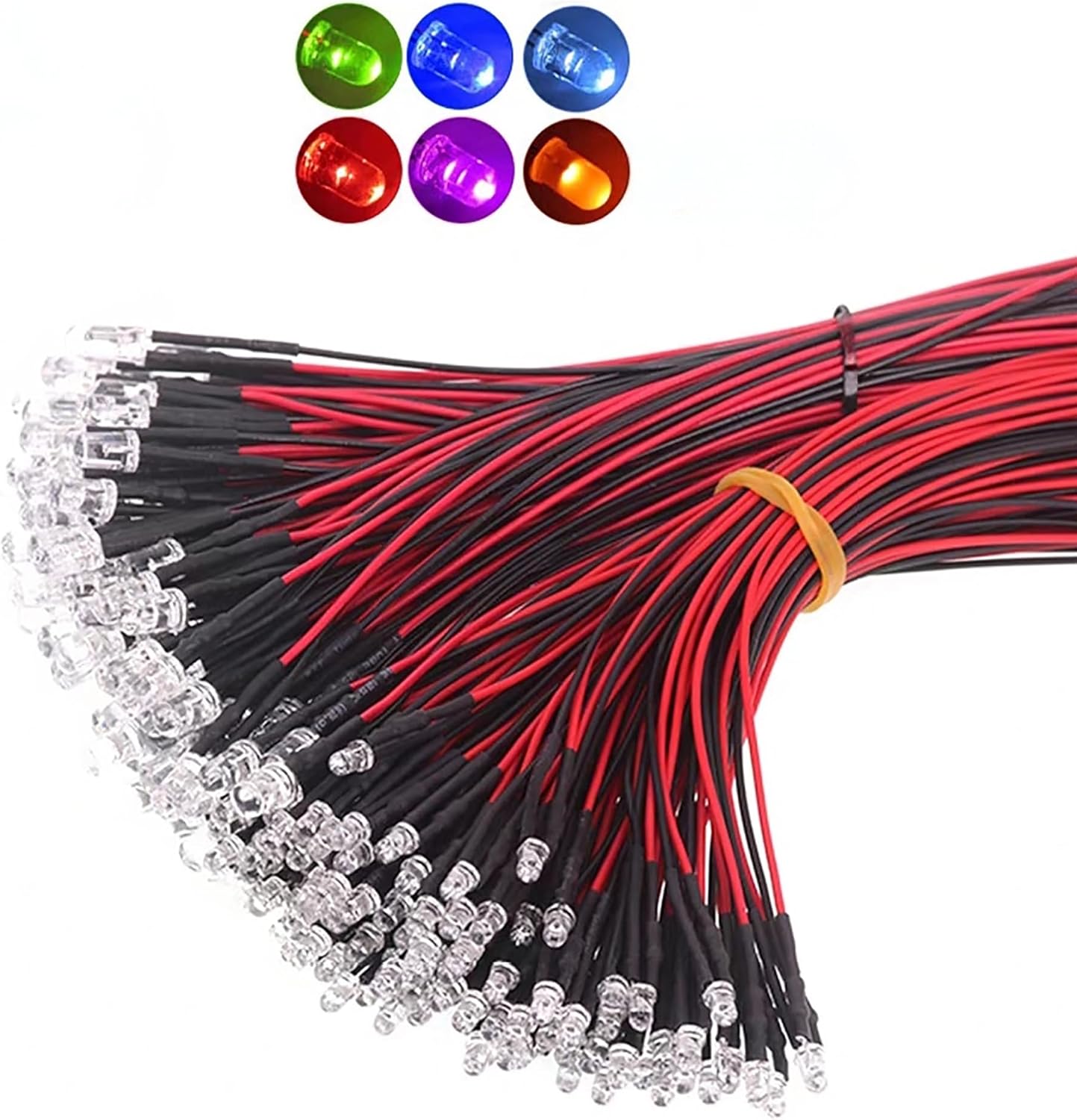 60pcs 5mm Pre Wired Led Diode Lights 12v Mini LED Lights Bulb for DIY Indicator Lighting Decoration (Red, Green, Blue, White, Yellow, Purple 6 Colors x 10pcs)