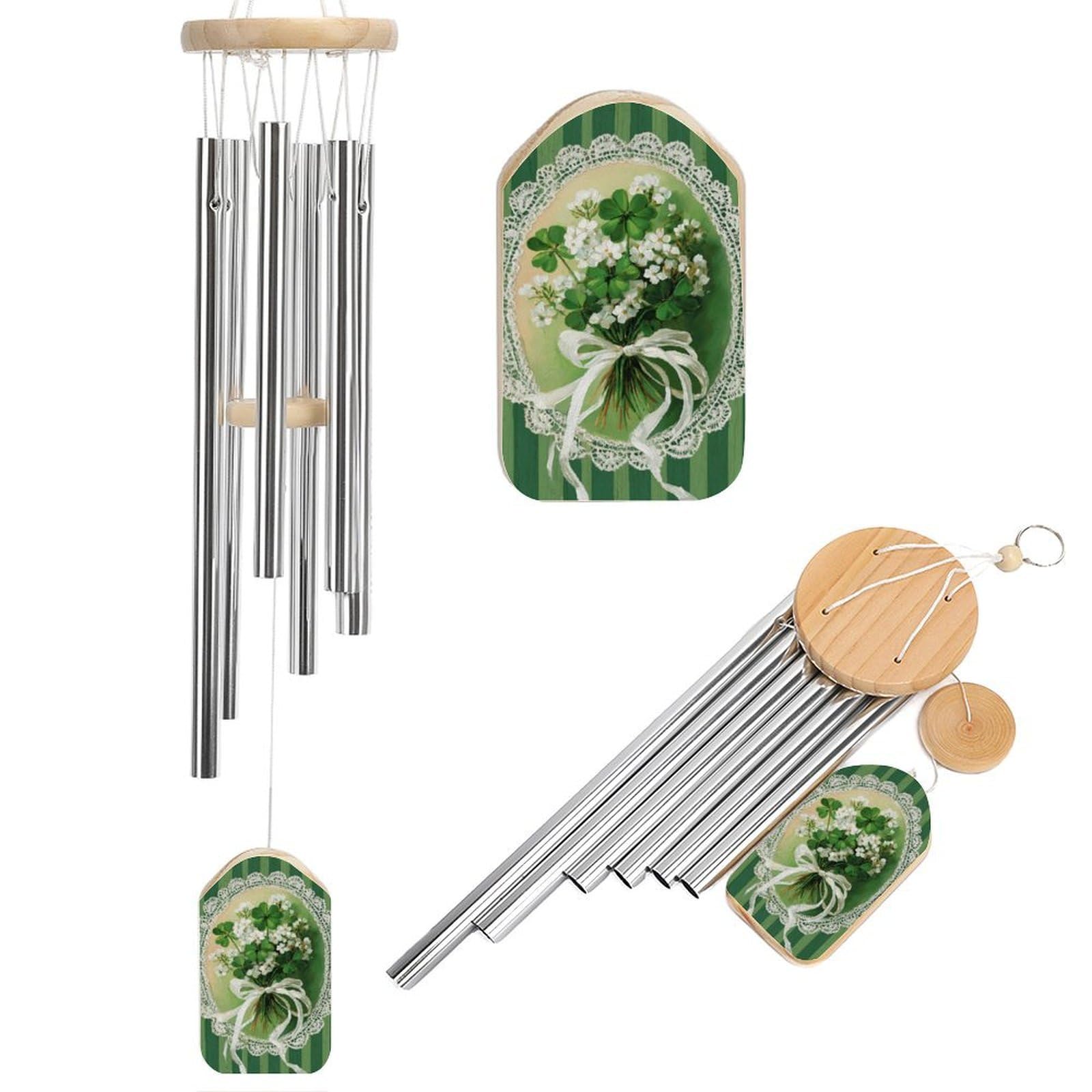 Vintage Shamrock Bouquet with White Ribbon Wind Chimes Memorial Deep Tone Windchime with 6 Aluminum Tubes Outdoor Backyard Garden Decoration