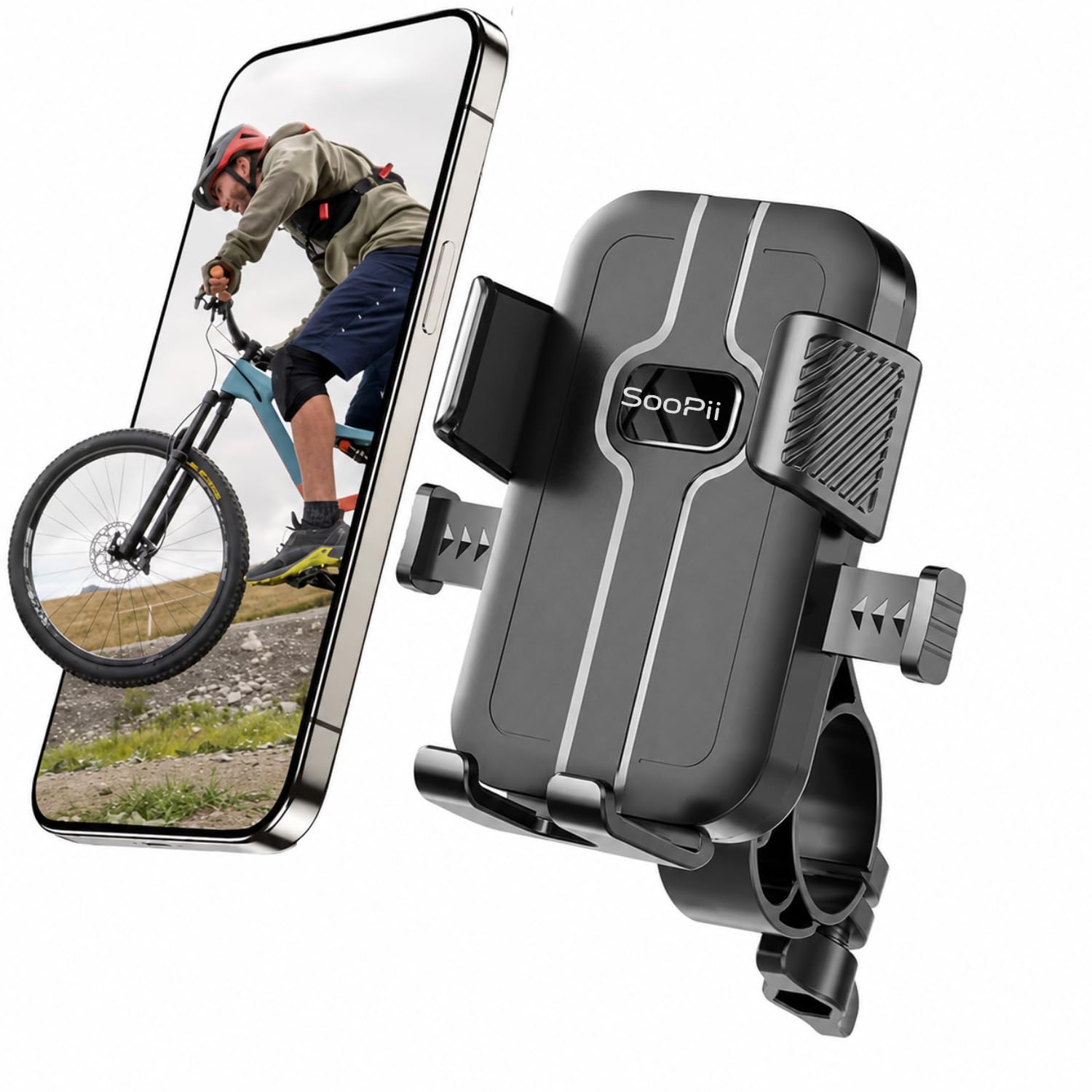SOOPII Bike Mobile Holder for Motorcycle, Scooter & Bicycle, One Click Lock Phone Holder with 360° Rotation, Anti-Vibration Handlebar Mobile Mount for 4.7-7.2 Inch Smartphones, Black-picture-10