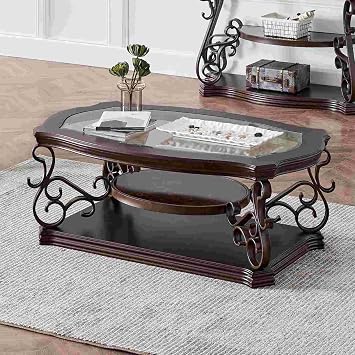 Traditional Coffee Table, 3-Tier Living Room Cocktail Table with Glass Table Top and Storage Shelf