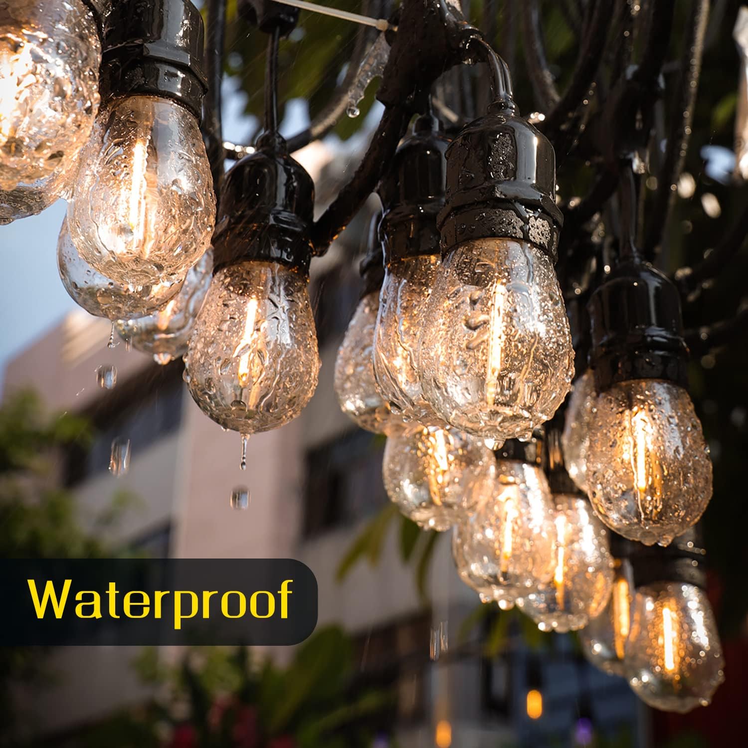 GANA Patio Lights Outdoor String Lights 48FT 2700K Warm White Light 12V Safety Voltage, 15 E26 Hanging Sockets, Shatterproof S14 LED Bulbs, IP65 Waterproof Level for Weddings, Birthdays