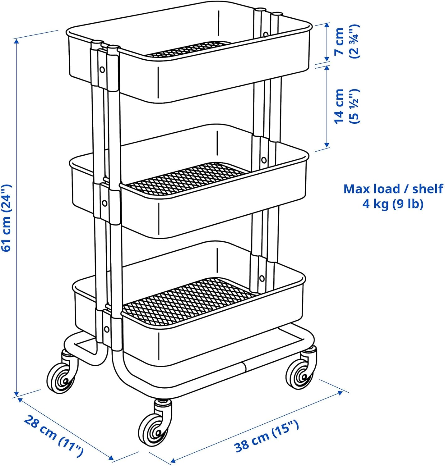 RÅSKOG Trolley, grey-green, 28x38x61 cm