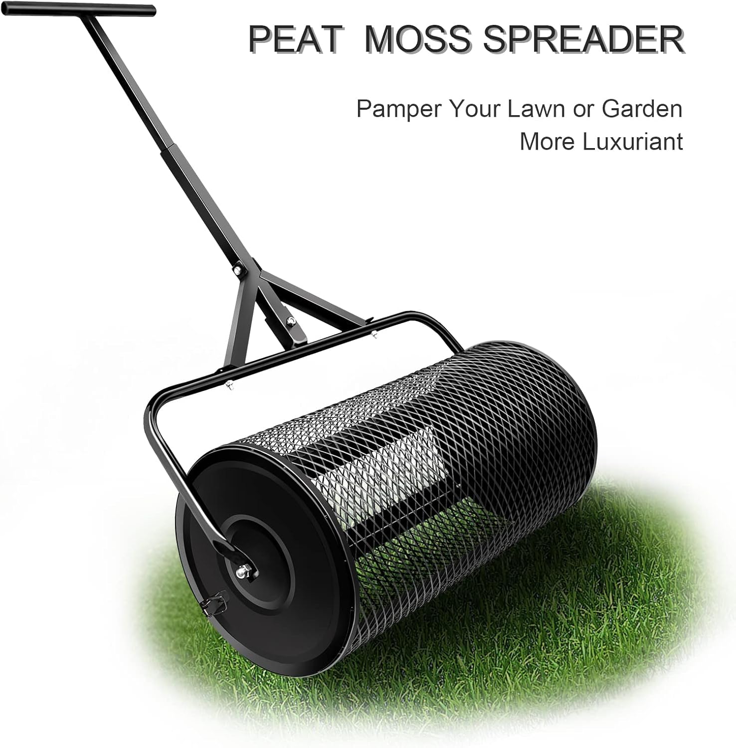Peat Moss Spreader 24 inch, Seeds Spreader, Compost Spreader with Adjustable Handle, for Lawn Care and Garden, Metal Mesh Basket Topdressing Roller, Spreading Dirt, Mulch and Soil Green (Black)