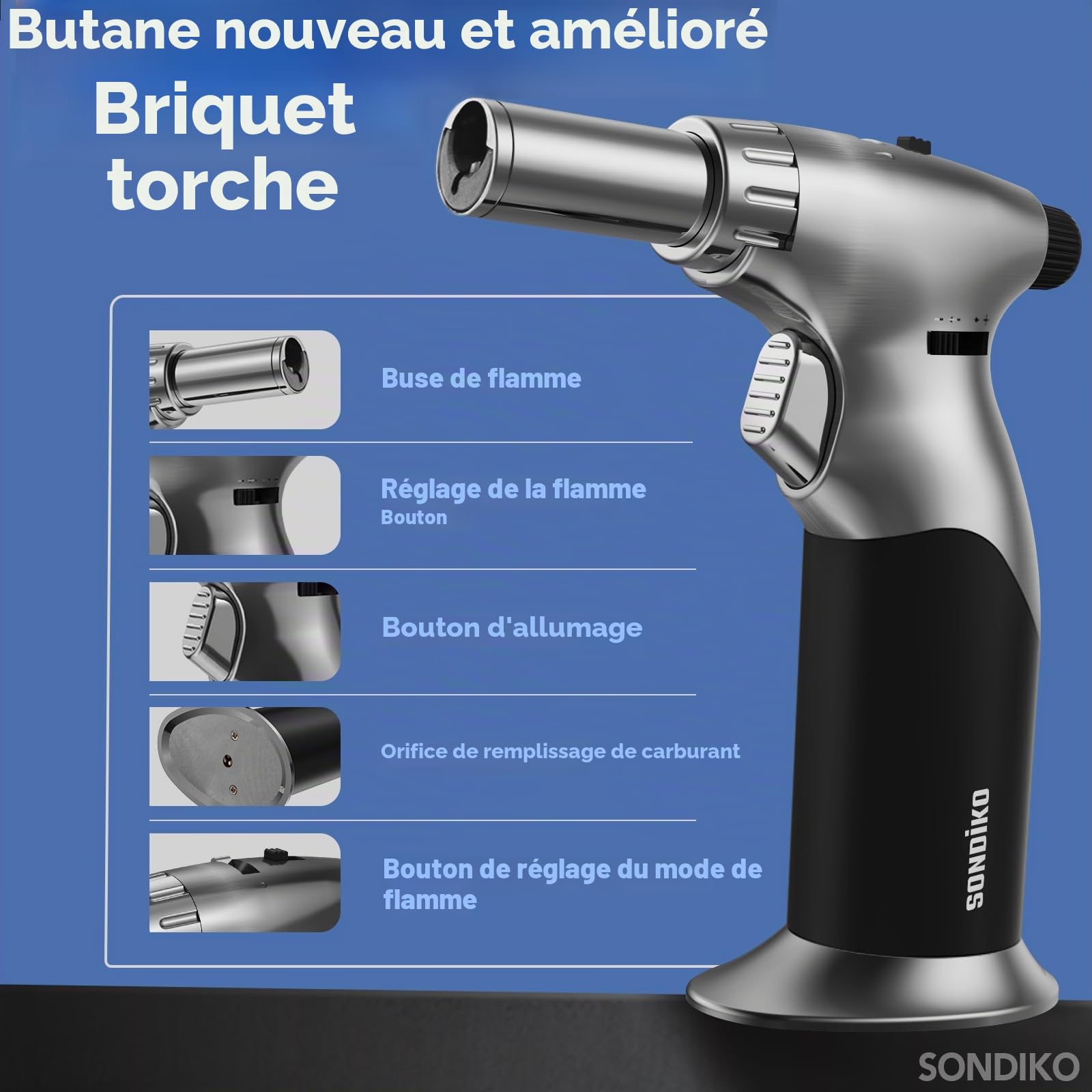 Sondiko Briquet au butane double style flamme, taille de flamme réglable, chalumeau rechargeable avec verrouillage de flamme continue pour crème brûlée, cuisine (le gaz butane n'est pas inclus)