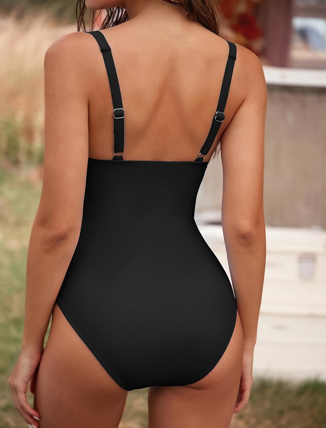 ZAFUL Womens Sexy V Neck One Piece Swimsuit Ruched Tummy Control Bathing Suit Backless Slimming Monokini - Image 3