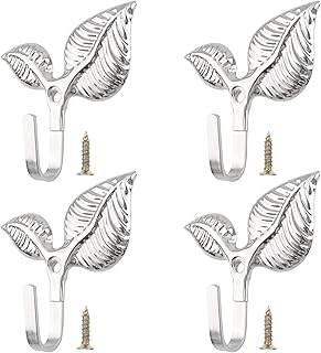 Set of 4 Vintage Leaf Wall Hooks Silver Metal Coat Hooks Heavy Duty Deco...