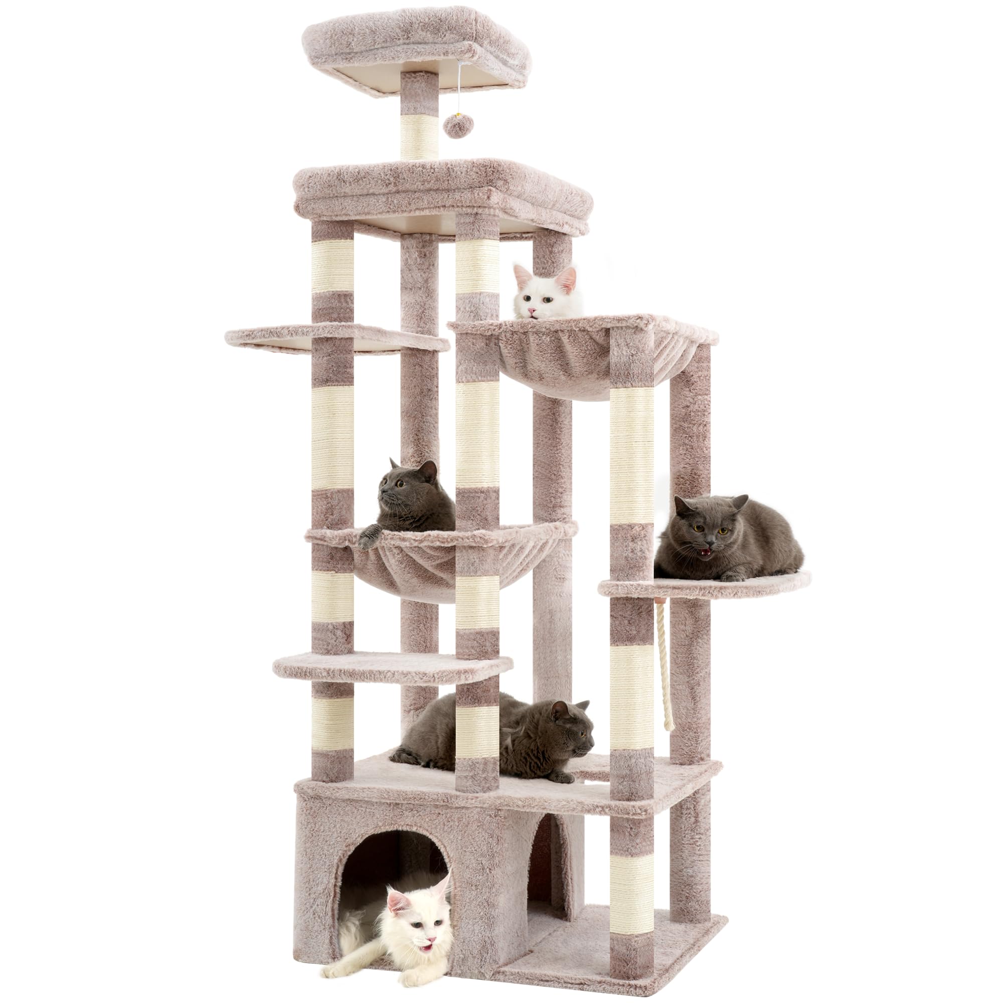 Heybly Tiragraffi Per Gatti, Albero Alto 180 Cm Con Base XL Stabilissima, Piattaforma Ampia E 2 Amache, Progettato Di Razza Maine Coon, Beige Marrone HCT037MU