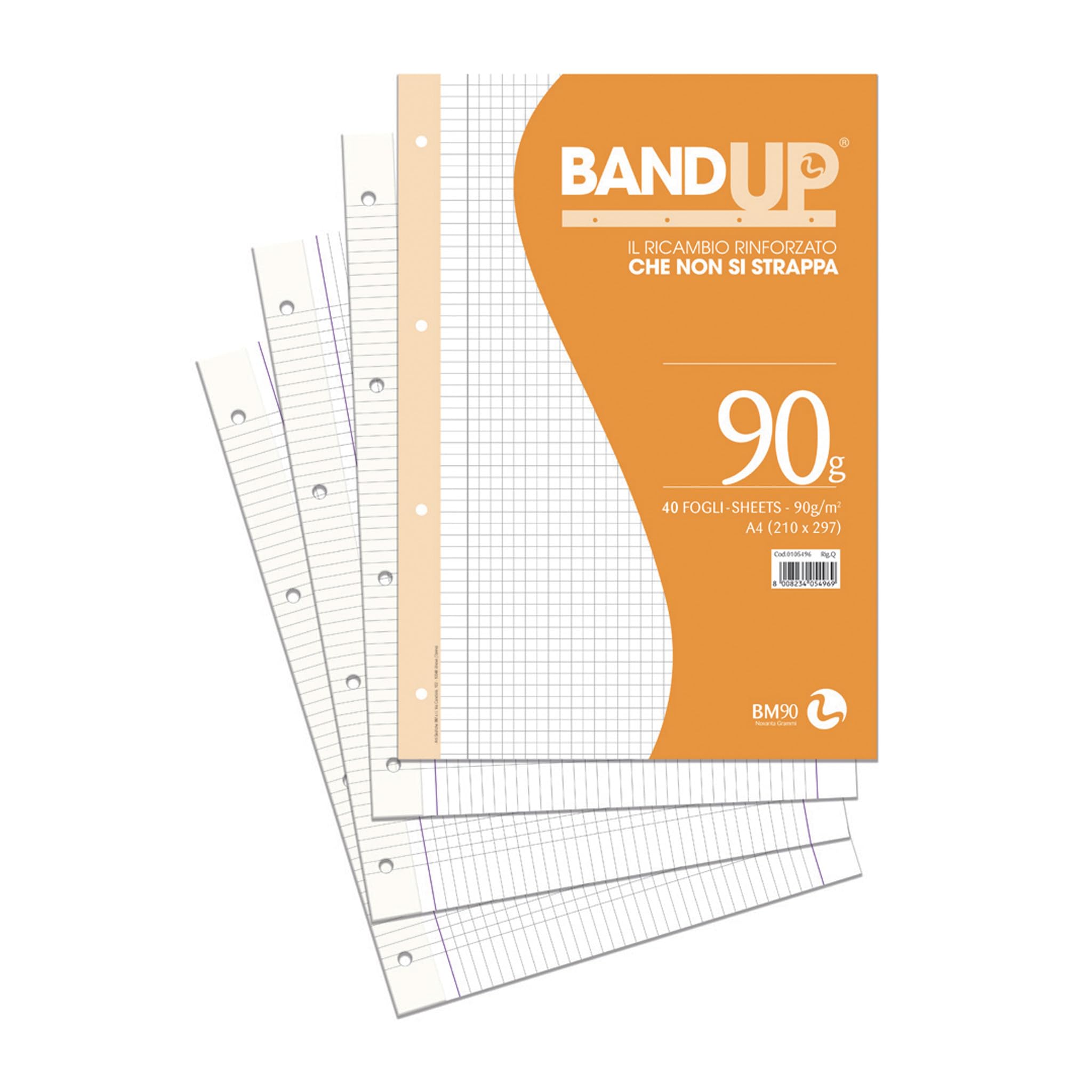 BM BeMore Ricambi Bandup A4 Con Banda Rinforzata Rigatura Q Quadretti 5mm Con Margini Per Elementari Confezione Da 40 Fogli Carta 90G/Mq