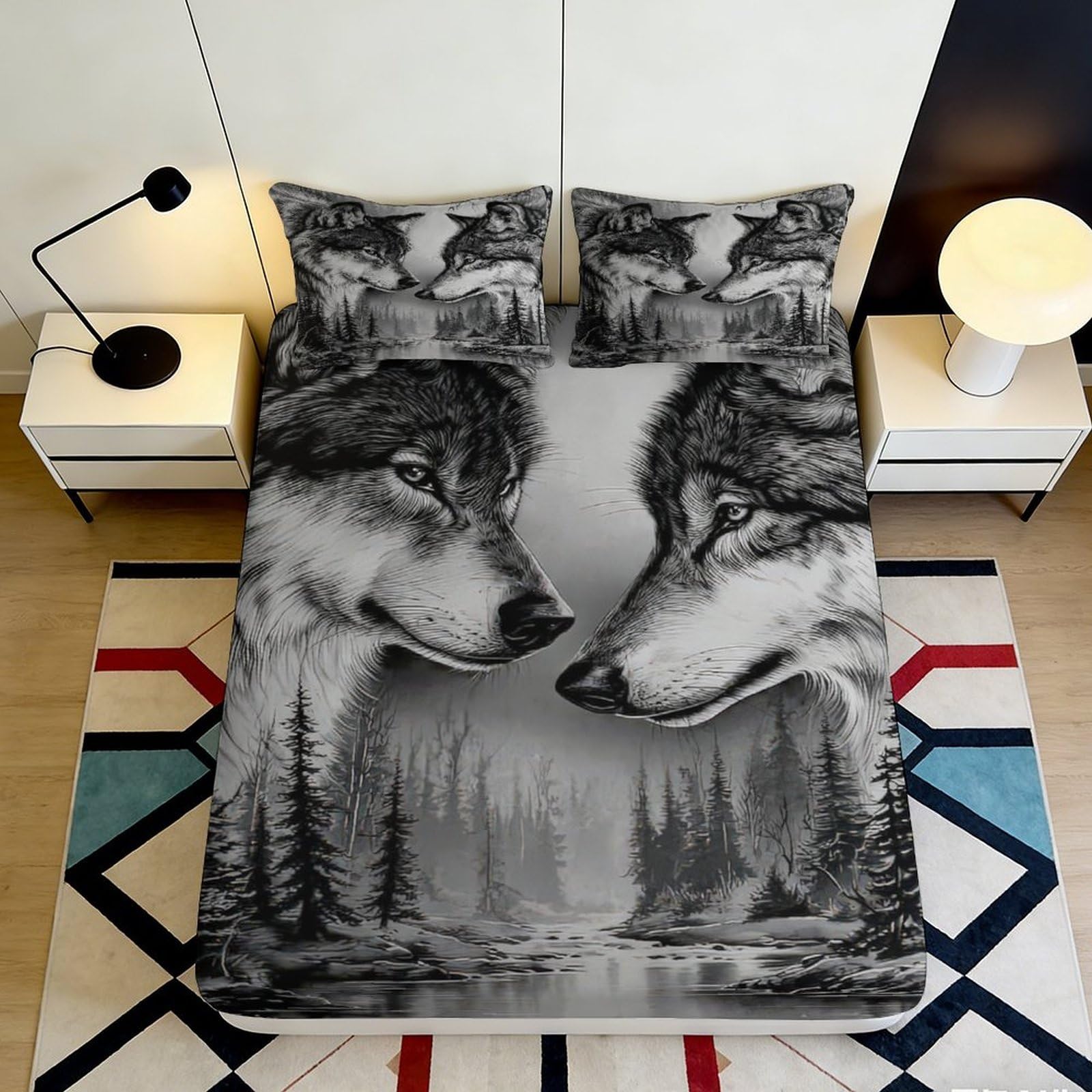 3D Printed Wolf Forest Fitted Sheet Microfiber Soft Grey Mattress Cover for Bedroom Decor Dorm Protection 90x200x25cm