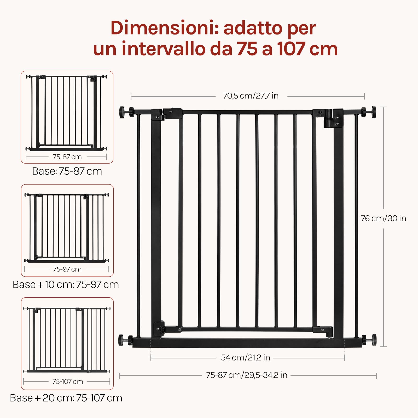 WOLTU Cancelletto per Bambini in Metallo, Cancello per Scale e Porte 75-87 cm, per Cani, Apertura Bidirezionale, Serratura Doppia, Montaggio con o senza Fori, Nero
