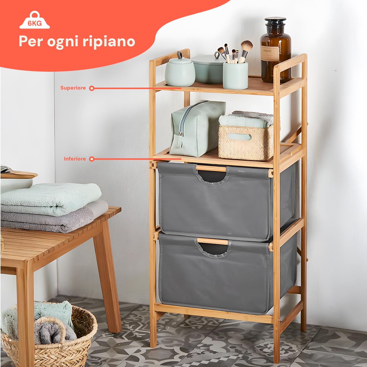 Avilia - Mobiletto Bagno Salvaspazio in Bambù con 2 Ripiani e Cesto Portabiancheria Rimovibile, Design Moderno Multiuso per Bagno, Cucina e Lavanderia Facile da Montare e Resistente