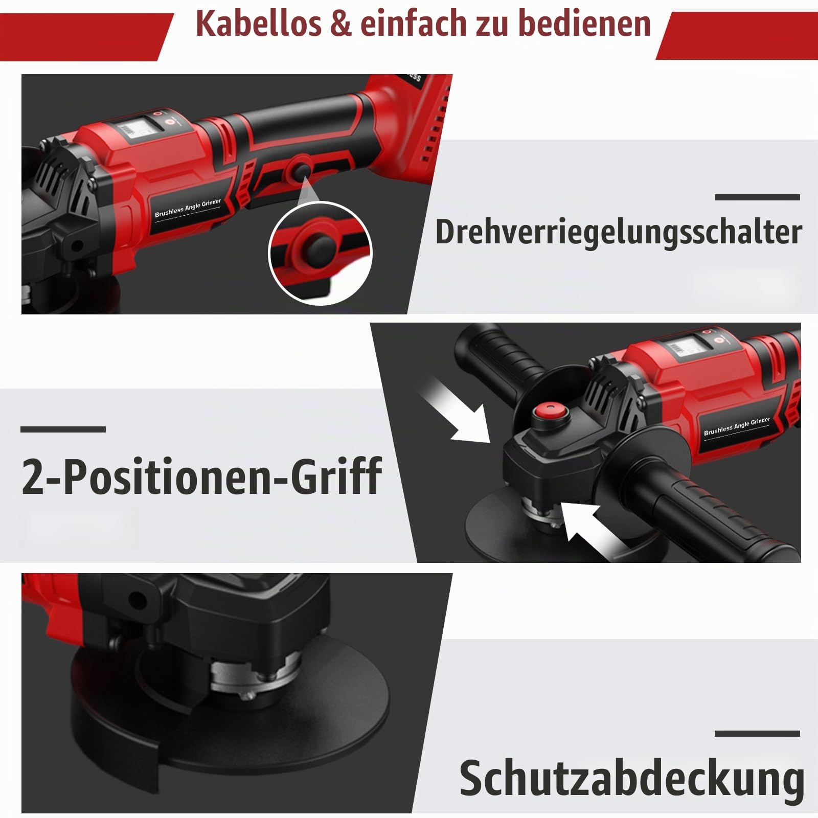 Akku Winkelschleifer 115mm 21V Professional mit Digitalanzeige, 3 Modi Bürstenloser Winkelschleifer Metallschleifer mit 2 * 3000 mAh Akkus zum Schleifen Trennen Bürsten