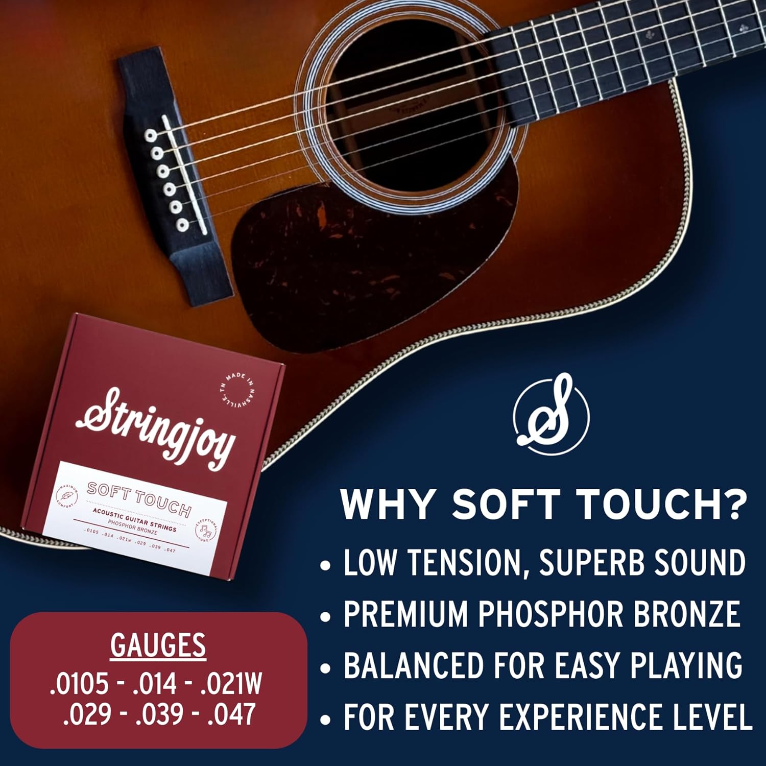 Stringjoy 10.5-47 Soft Touch Naturals – Premium Light Phosphor Bronze Acoustic Guitar Strings - Extra Comfort and Exceptional Tone, Acoustic 6 String Set, 2-Pack