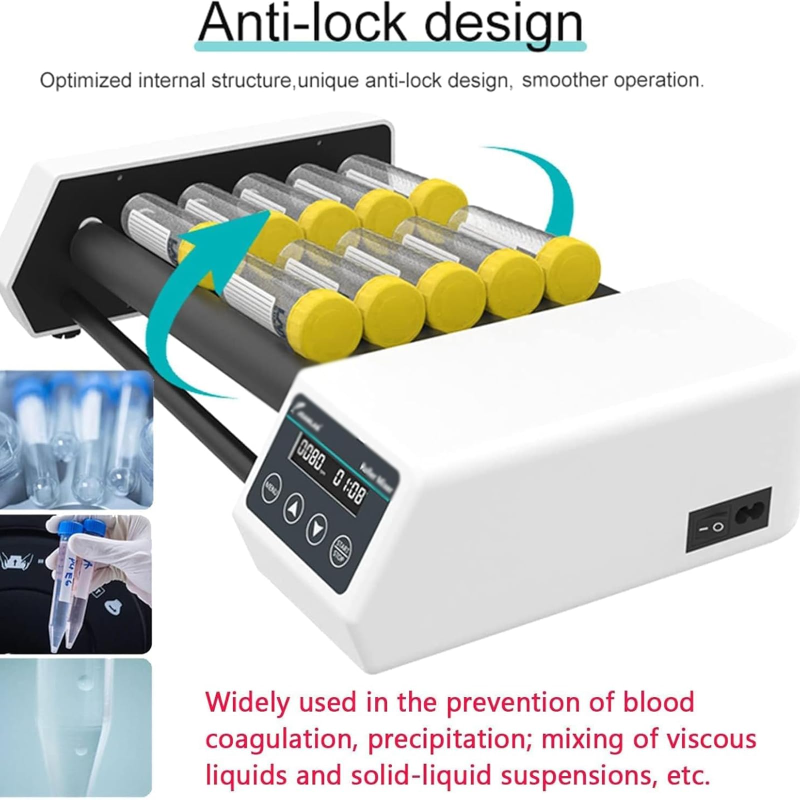 Mezclador de rodillos de laboratorio, agitador digital con velocidad ajustable de 20 a 80 RPM, modo temporizador y pantalla LED para experimentos médicos, ciencias de la vida, aplicaciones químicas