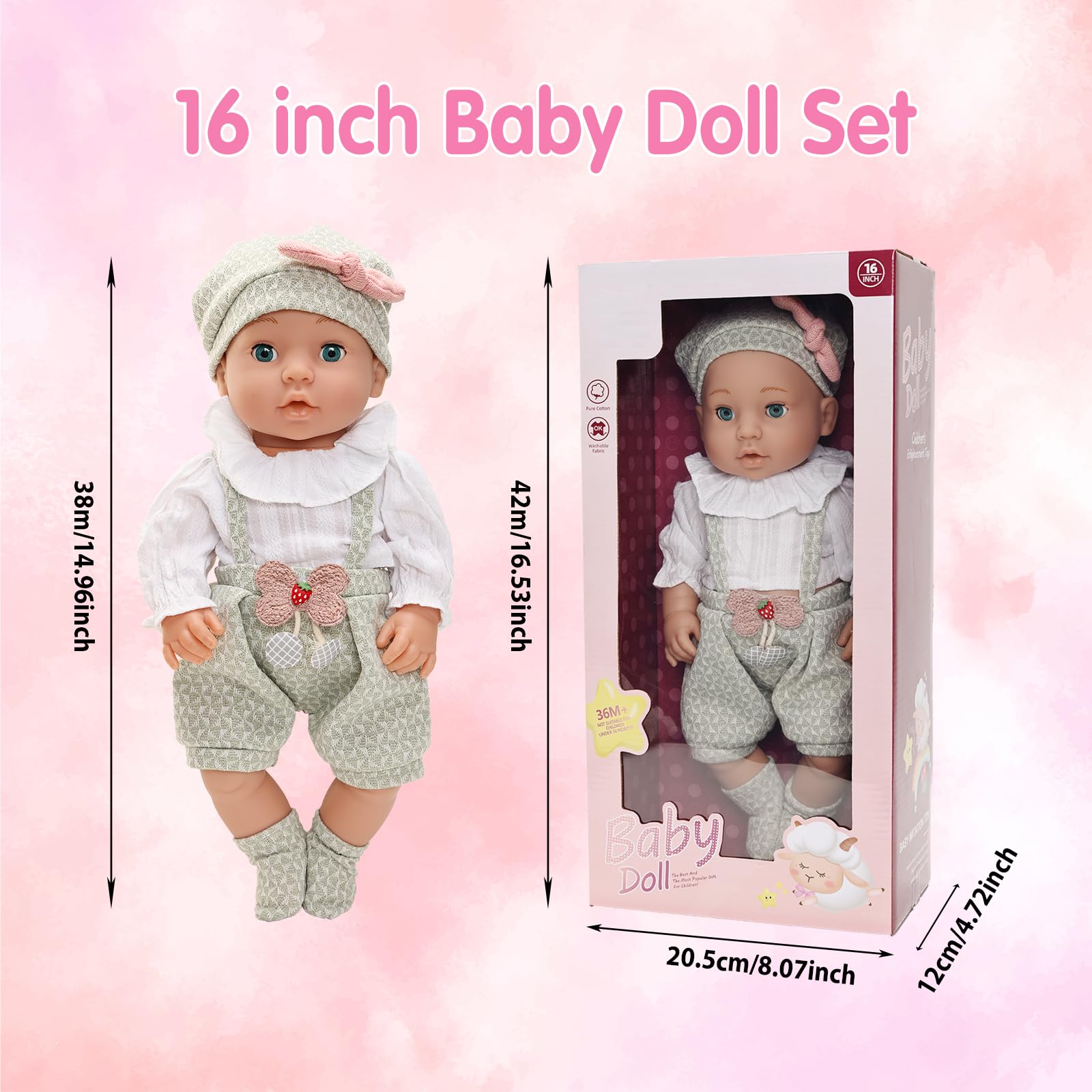 Miunana Lalka niemowlęca 40 cm, urocza lalka w słodkim ubraniu dla lalek, śliczny strój, skarpetki, bez włosów, 40 cm, lalki ze smoczkiem, sztućcami, zabawką, akcesoria dla dzieci od 3 lat