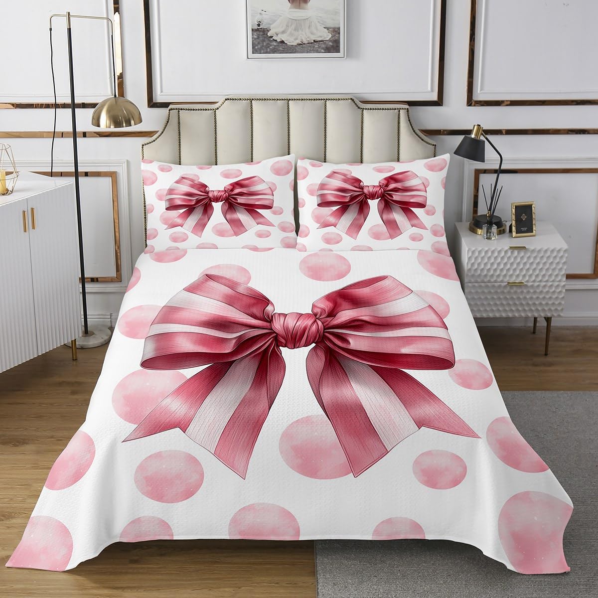 Cartoon Bowknot Quilt Set for Kids Teens,Pink Stripe Bow Bedspread Coverlet,Wave Point Bed Cover Candy Bows Bedding Set Decorative Quilted 2 Piece Coverlet with 1 Pillow Sham,Twin Size