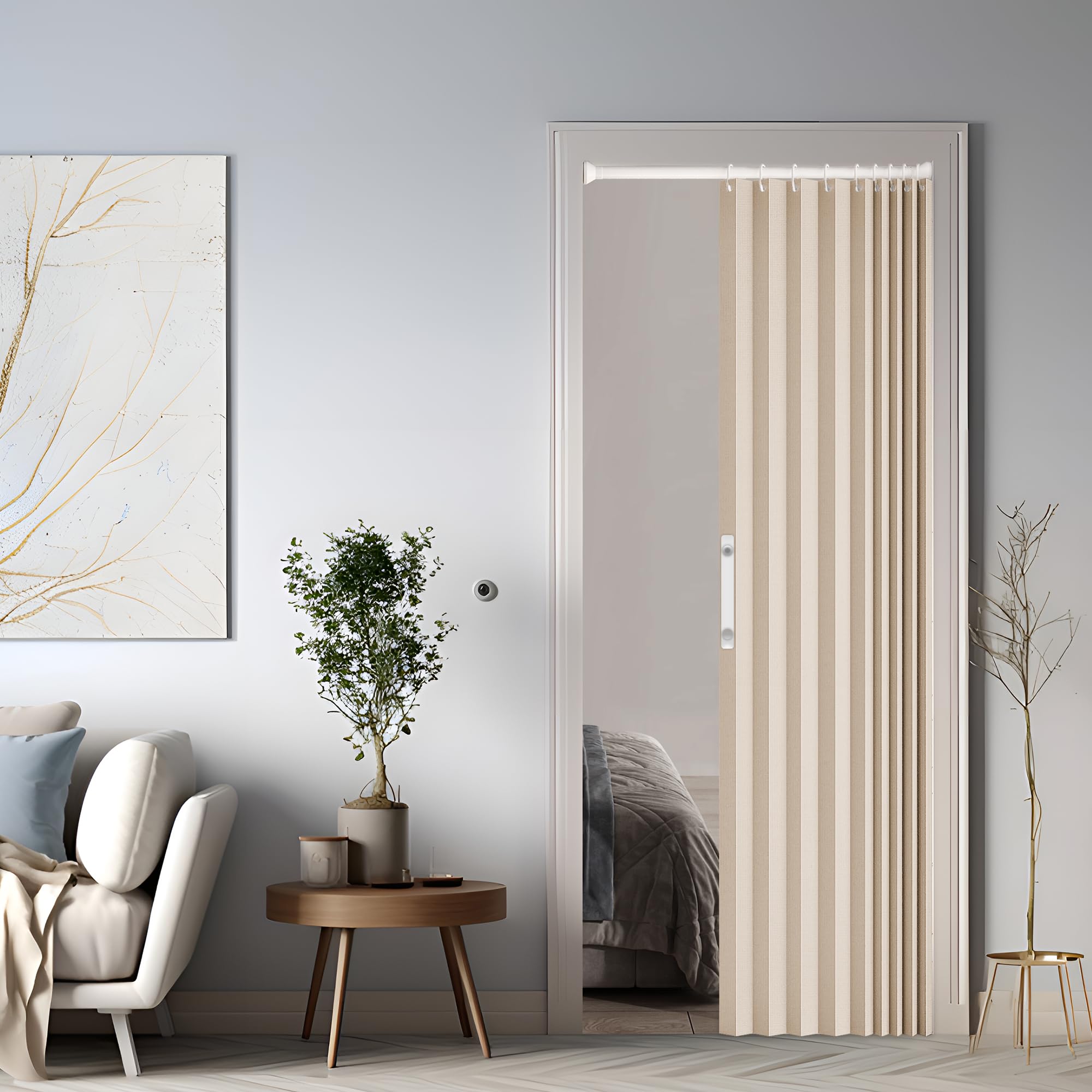Magnetischer Türvorhang mit Verdunkelung, Faltbarer Raumteiler für Bad/Schlafzimmer/Wohnzimmer, Akkordeon-Design (Cream-Coloured)