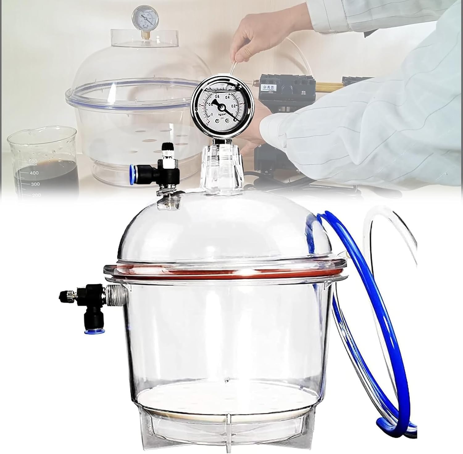 Desecador de vacío de laboratorio, recipiente secador de vacío de doble válvula de 150 mm con manómetro, temperatura ambiente de funcionamiento de -25 ℃ a 120 ℃, for almacenamiento de secado al vacío