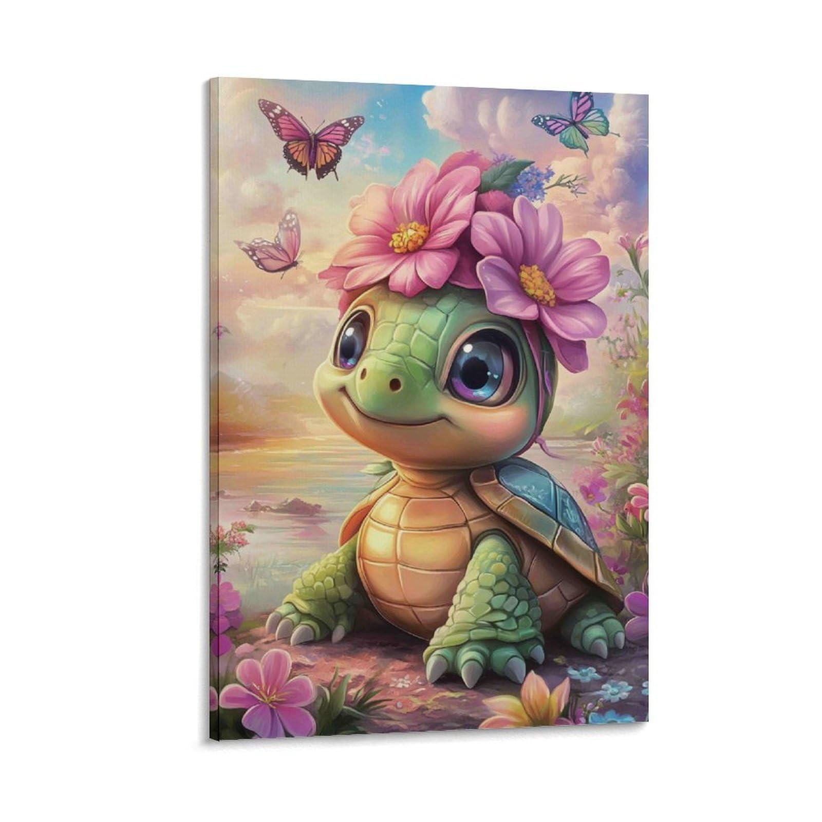 DHBANEIOK Cute Turtle with Flowers Poster Artwork Giclee Canvas Prints Modern Canvas Wall Art Picture Wall Hanging for Office Gym Living Room Decor 08x12inch(20x30cm)