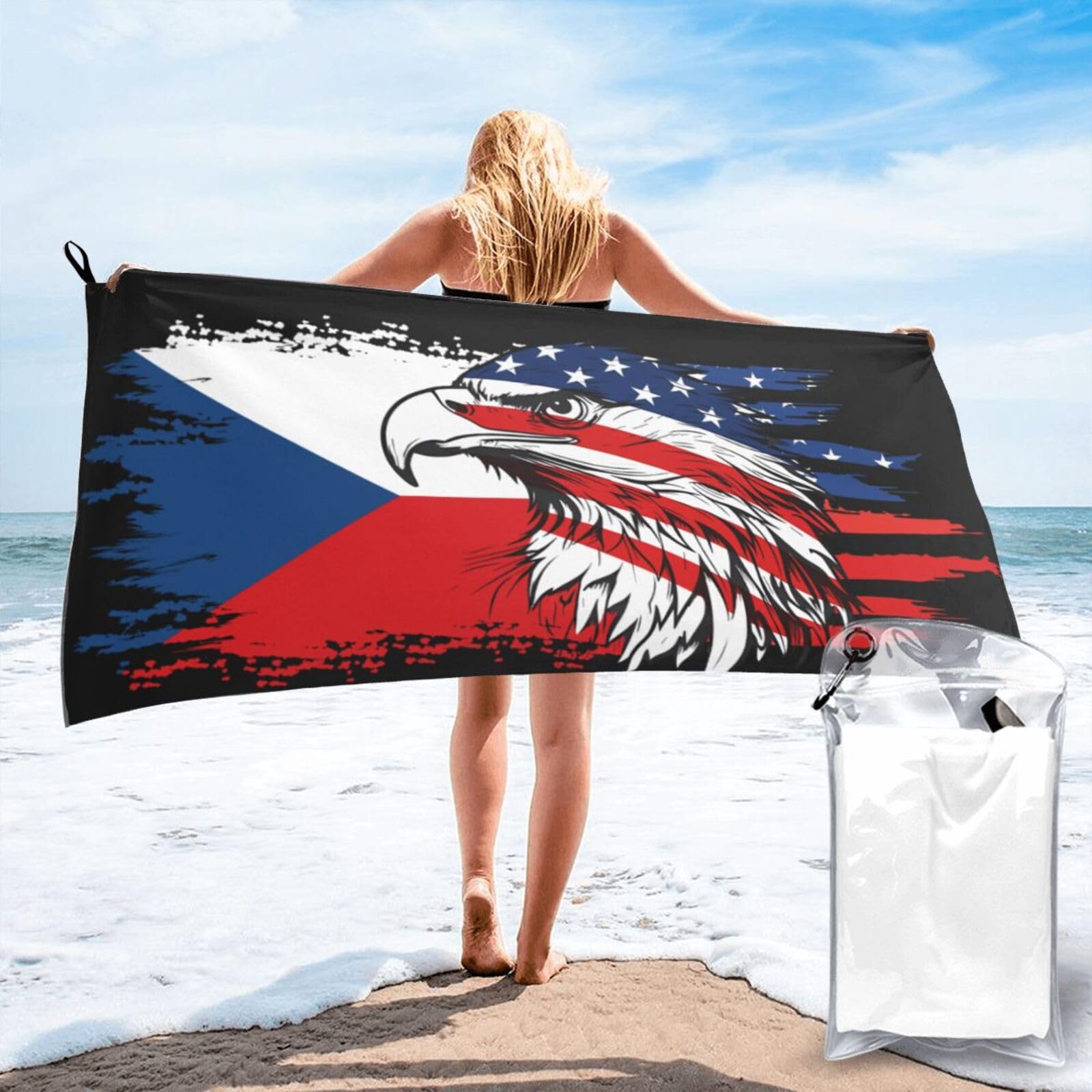 HACXZ America Flag and Czech Republic Czech Czechish Flag Microfiber Beach Towel Lightweight Absorbent Travel Pool for Men Women 31.5"X63"