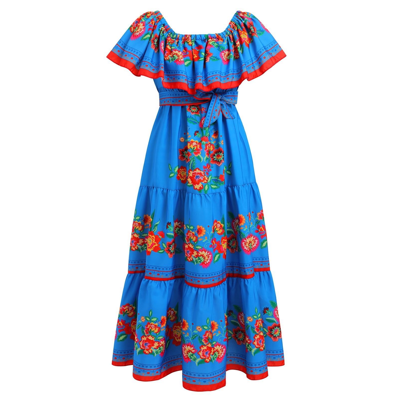 Robe Longue Femme | Mexicaine Traditionnelle | Épaules Dénudées | Jupe Ample | Imprimé Floral Rouge | Bohème Chic Été