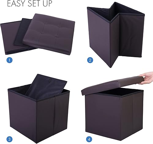 Miniatura 31 de LotFancy Otomana de almacenamiento, taburete plegable para reposapiés, banco pequeño de cuero de 13 x 12 x 12 pulgadas con almacenamiento, soporta