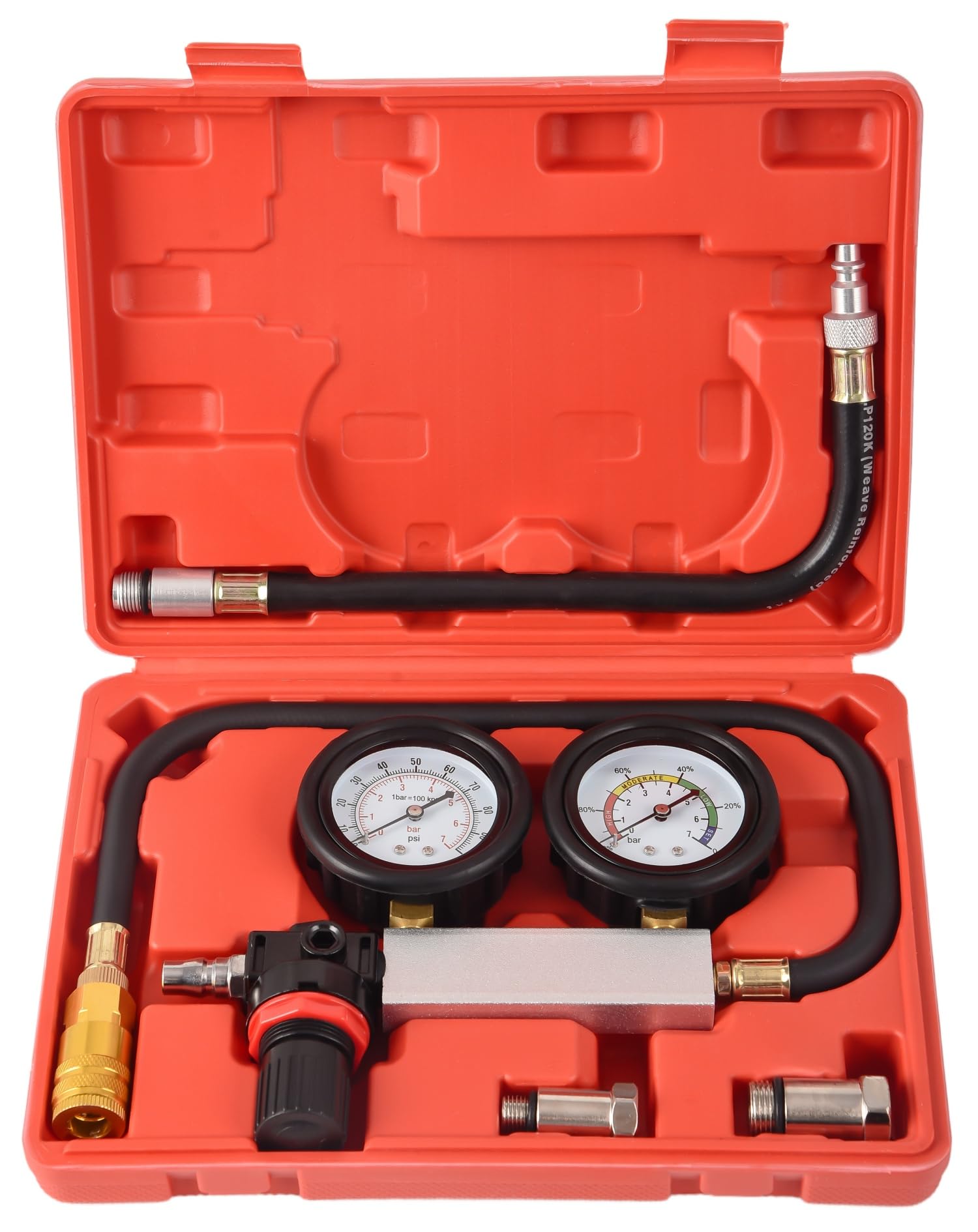 DHA Profi Zylinder Druckverlusttester Set, Druckverlustprüfer für Benzinmotoren, inkl. Adapter M12 x 1,25 & M14 x 1,5, Motordiagnose Prüfgerät für KFZ Werkstatt mit Koffer