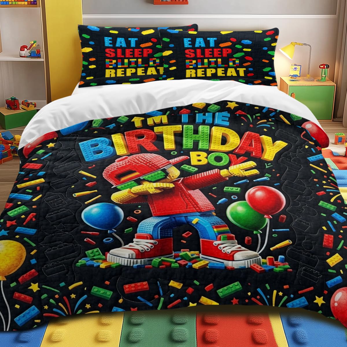 Colorful Blocks Duvet Cover Set for Kids Boys Gamer Room, Eat Sleep Build Repeat Brick Pattern, Ultra Soft Microfiber King Size Bedding with Zipper Closure, Fun Building Blocks Bedroom Decor