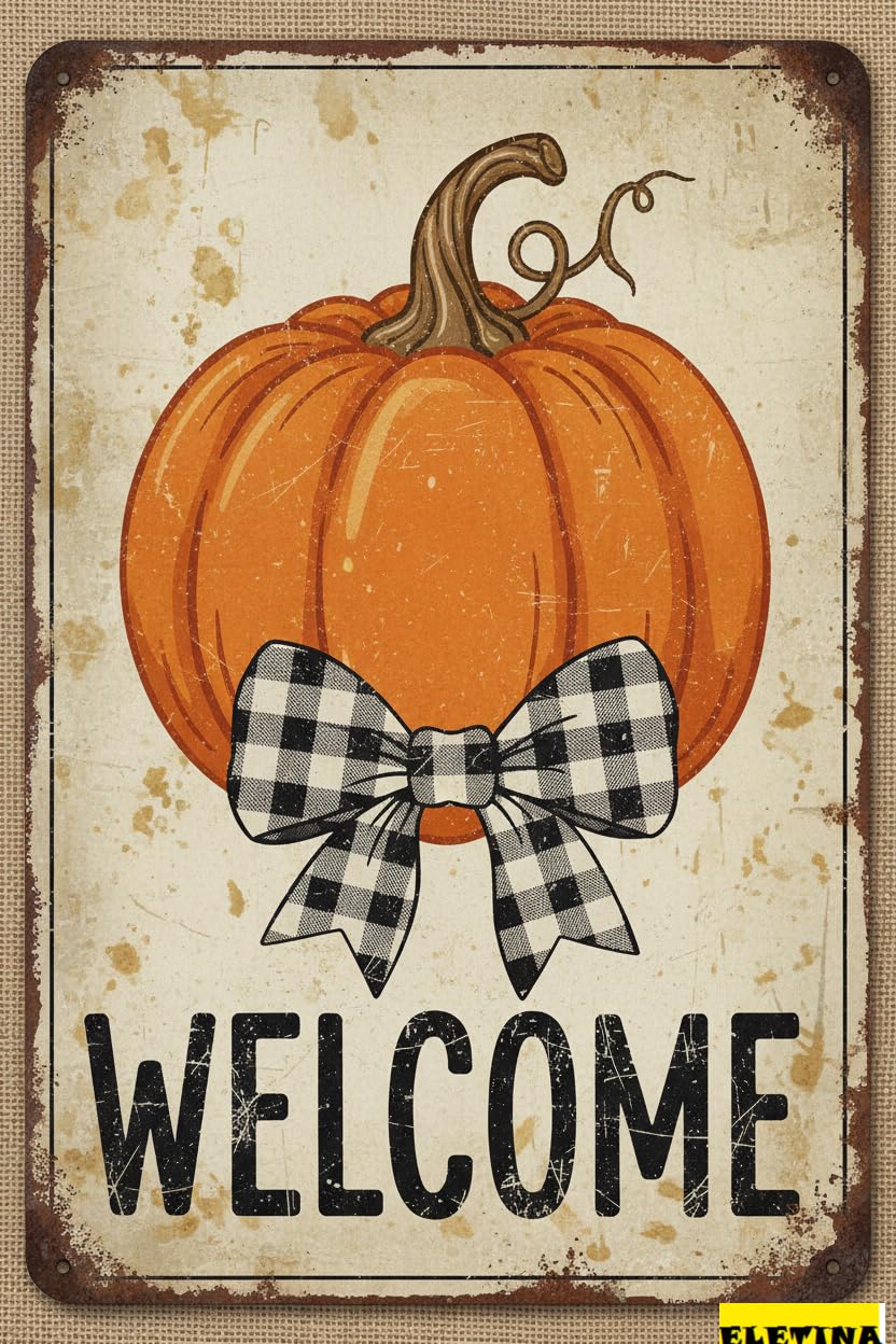 Vintage Metal Tin Sign Fall Pumpkin Autumn Thanksgiving Welcome Harvest Plaid Garden Yard Outdoor Decoration Gift Women Men 8x12 Inch