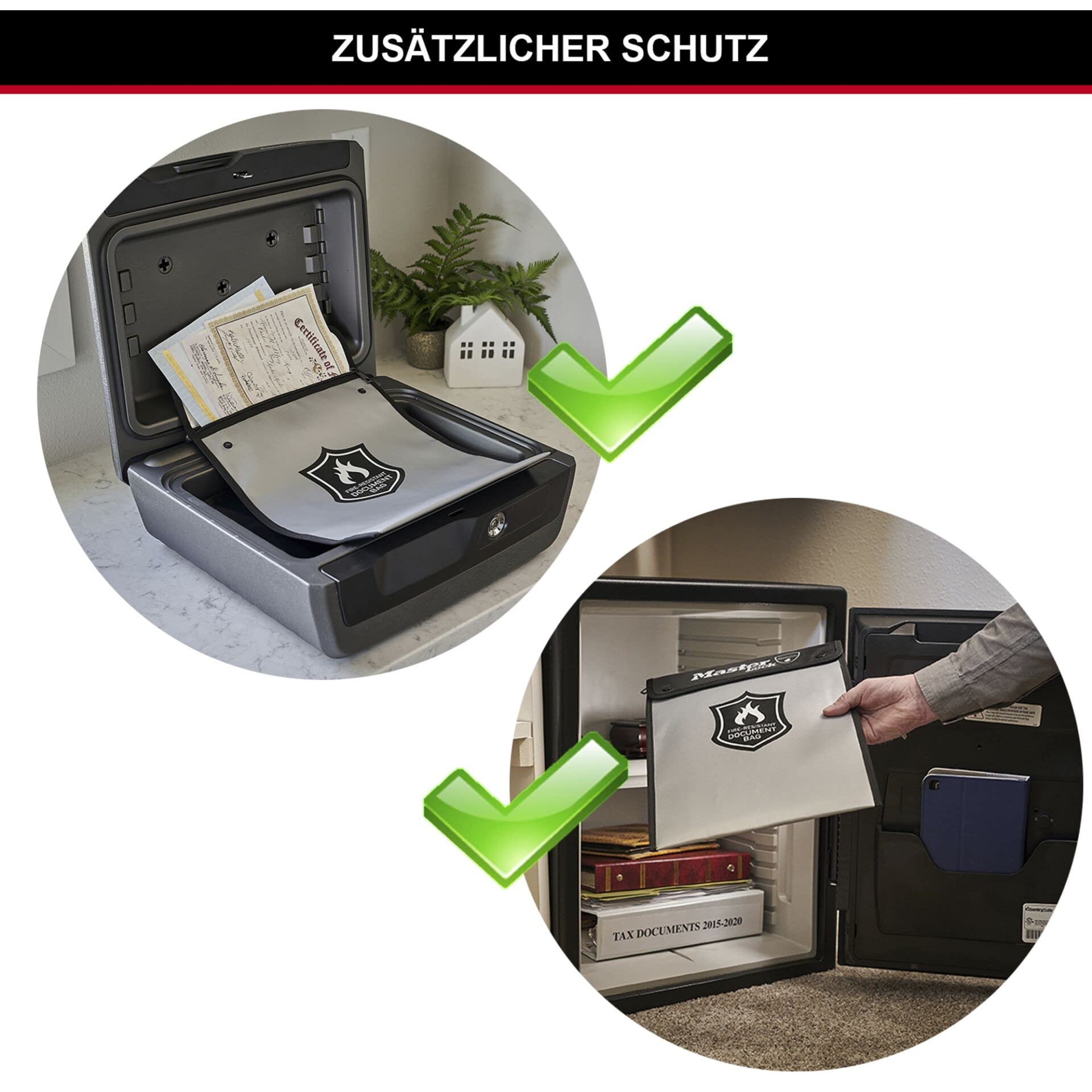 Master Lock FBWLZ0EURHRO Porte Document Anti feu Protection en Silicon Anti feu et étanche pour protéger de l'argent, des Documents au Format A4, tablettes, clés USB, Papier d'identité et Autres, Noir