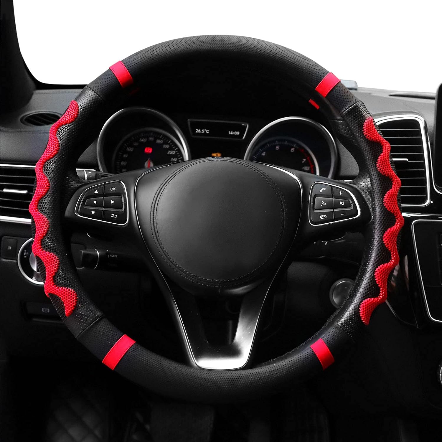 SZUAH Steering Wheel Covers, 15 Inch Universal Microfiber Leather Anti-Slip Steering Wheel Protector, Heat Resistant, Breathable & Odorless for Auto Car Accessories, Red