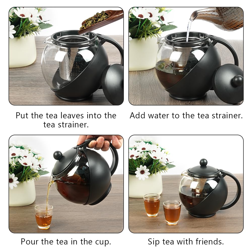 HOTUT Round Tea Pot,750ml Teekanne aus Glas,Borosilikat Glas Teebereiter mit Abnehmbare Edelstahl Sieb und Glas-Deckel,Hitzebeständig Glaskanne,zur Zubereitung von Losen Tees, Blumentee, Tropffrei