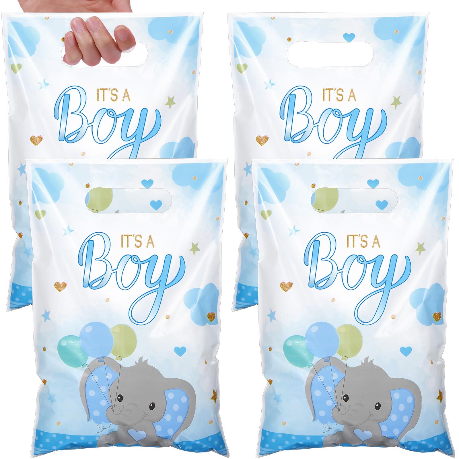Pajean 100 Pcs Baby Shower Favor Bags Plastic It's a Boy Gift Bags Blue Elephant Pouches with Handles Boy Elephant Party Favor Pouches for Gender
