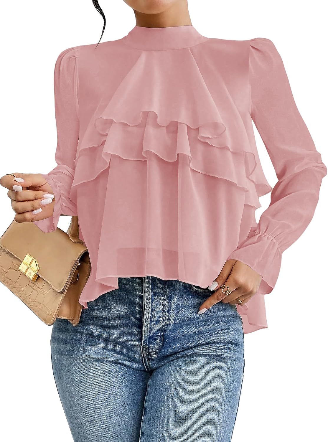 Verdusa Women's Dressy Casual Ruffle Layered Blouse Puff Sleeve Chiffon Elegant Flowy Shirts