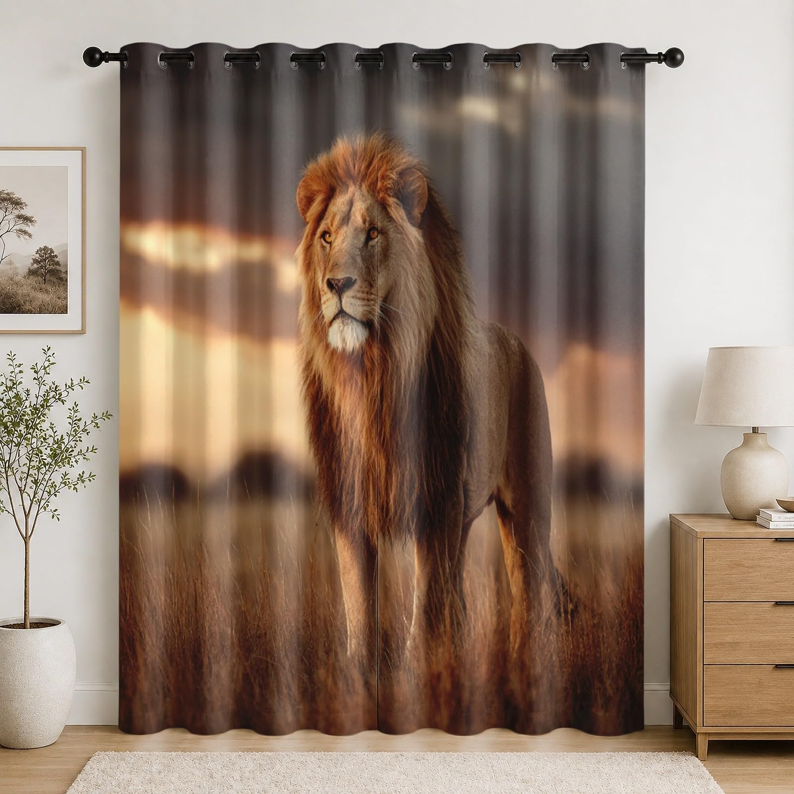 Rideaux Occultants Salon et Chambre Lot de 2 Draperies Prairie Lion Thermique Brun