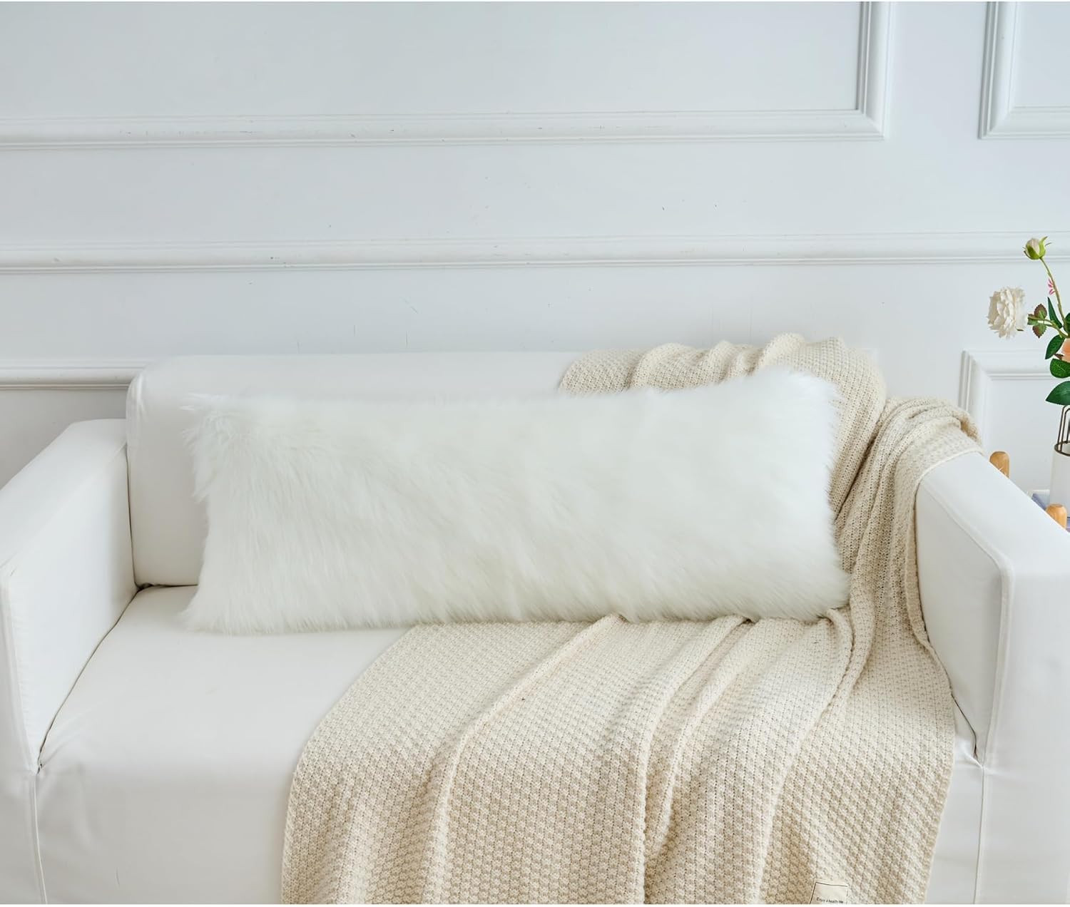 LIGICKY Long Lumbar Pillow Cover 14x36inch Decorative White Fluffy Faux Fur Throw Pillow Cover Rectangle Plush Pillow Case Cushion Cover for Couch Sofa Bed(Cover Only, No Inset) Pack of 1