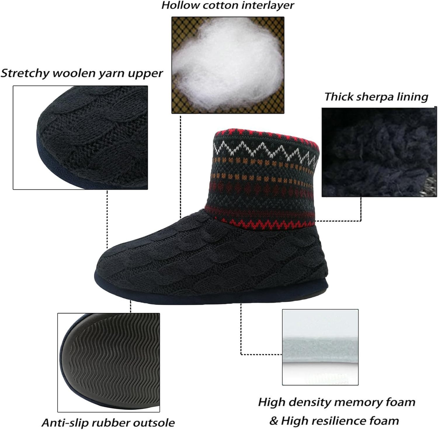 GPOS Knit Rock Wool Warm Men Indoor Pull on Cozy Memory Foam Slipper Boots Soft Rubber Sole - Image 2
